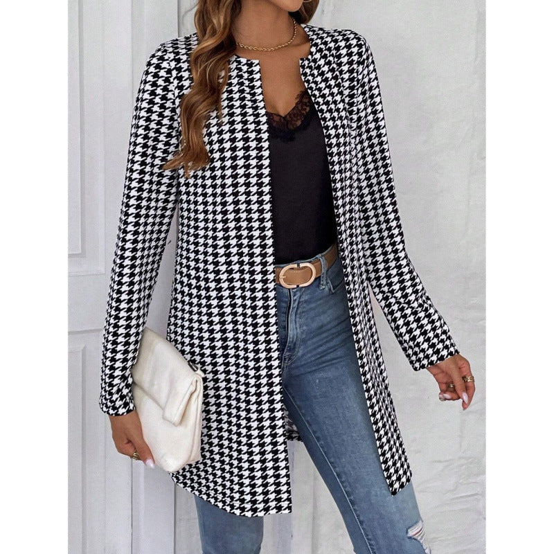 Trendy Women’s Houndstooth Longline Coat – Formal Outerwear