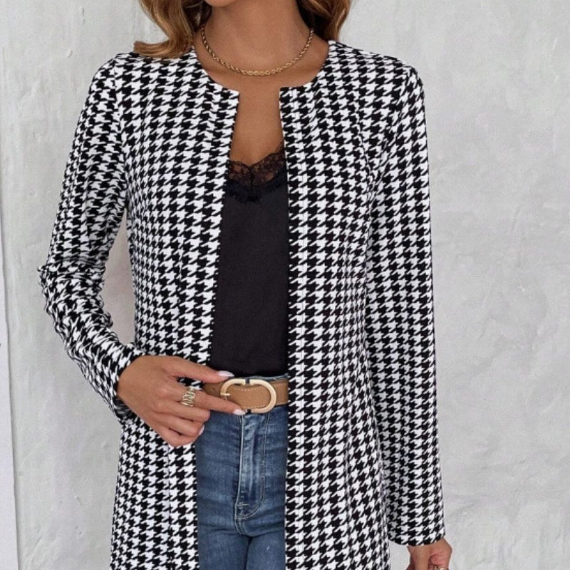 Trendy Women’s Houndstooth Longline Coat – Formal Outerwear